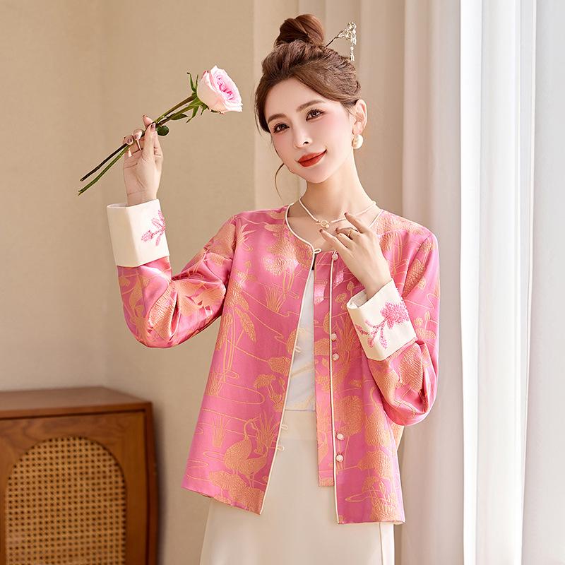 

2025 Spring New Chinese Pink Jacquard Sequin Beaded Jacket Top ME5513 S 90-110 jin