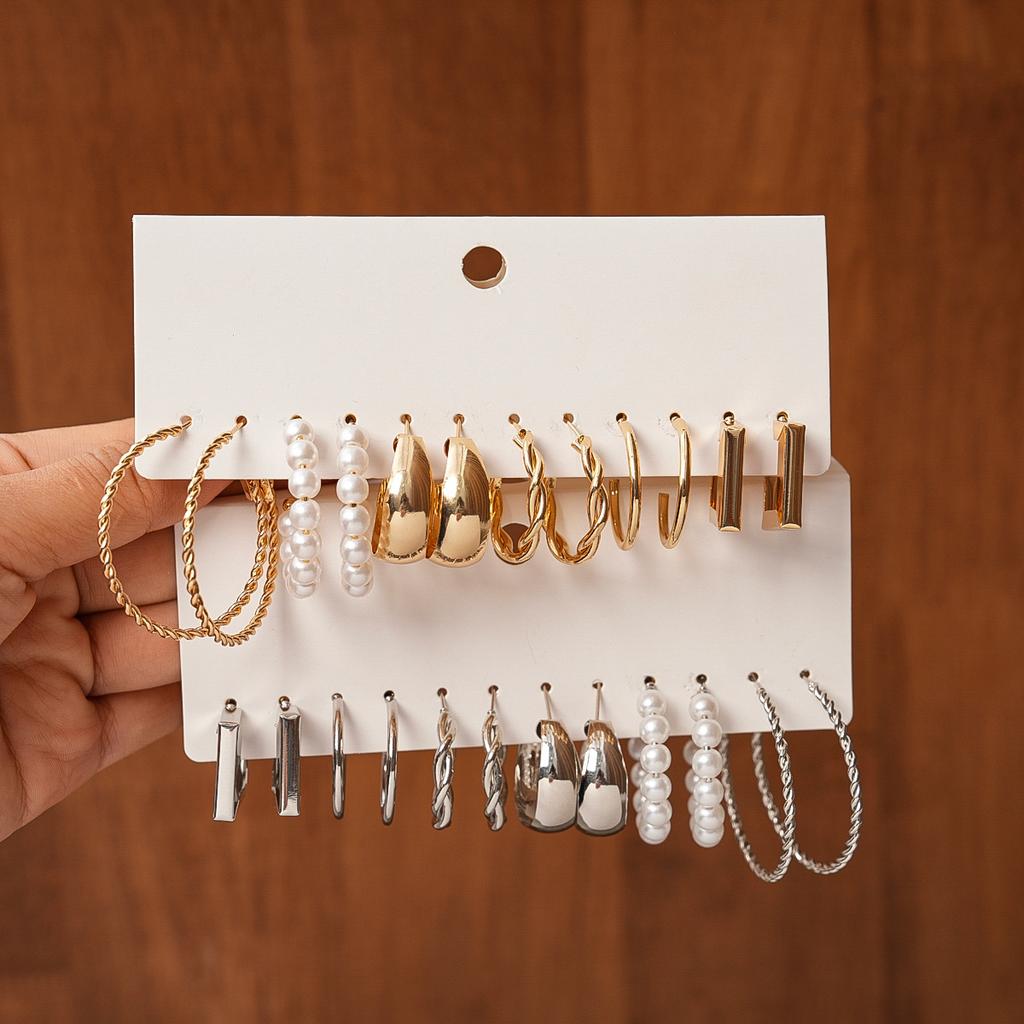Twelve-piece Set of Metallic Geometric Twisted Silver Needle Earrings Cold Wind Earrings