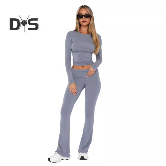 2 Teile/Satz Damen Oberteile Hosen Set Rundhals Einfarbig Lange Ärmel Slim Fit T-Shirt Niedrige Taille Ausgestellte Saum Hose Lässiges Sport Outfit