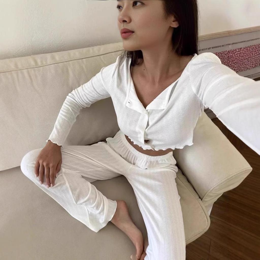 2025 Europejski i Amerykański Dzianinowy Zestaw Długi Rękaw i Spodnie z Mieszanki Bawełny na Jesień/Zimę