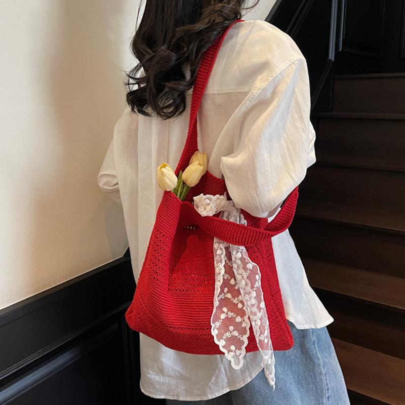 Yogodlns Summer Beach Tote Bag Women New Fashion Hollow Out Weave Shoulder Bags Female Lace Decorate Handbags