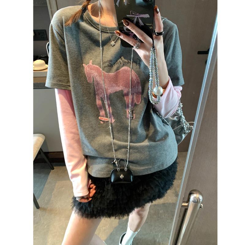 Mochie Spring Color Block Patchwork Horse Print Loose Long Sleeve T-shirt Large серый