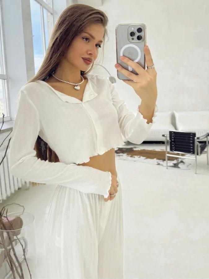 2025 European & American Autumn/Winter Knitted Cotton-Blend Long Sleeve Pant Set for Women