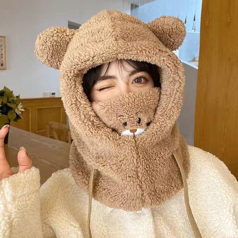 Winter warm plush thickened scarf, gloves, and hat all-in-one three-piece set with cute bear design
