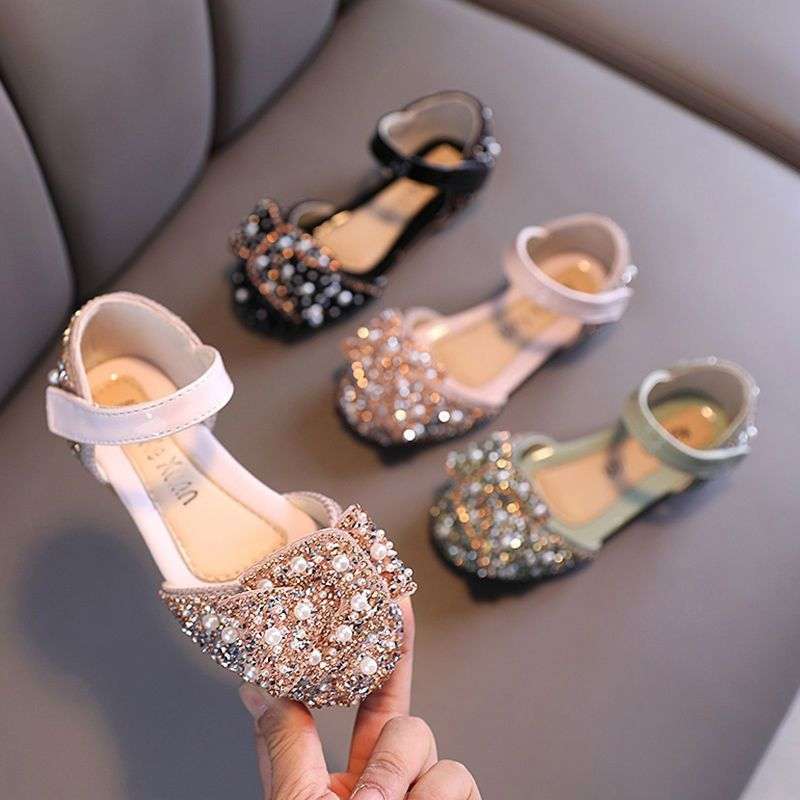 2025 summer new children's shoes girls sandals little girl bag head rhinestone princess shoes baby bow performance shoes