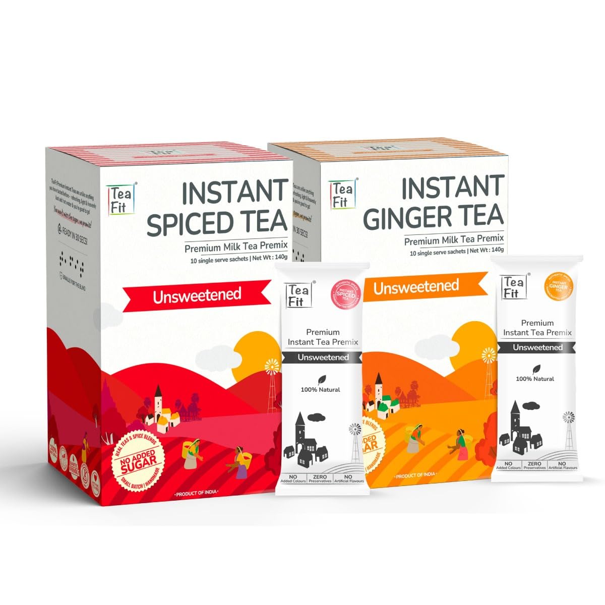 TeaFit Premium ZERO SUGAR Instant Masala & Ginger Tea Premix Pack (10 Sachets each) | Instant Milk Tea Powder | Strong Masala & Adrak Kadak
