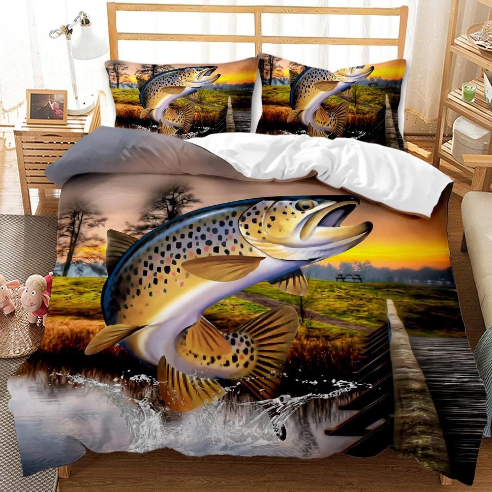 Sada povlaků na přikrývku Big Pike Fishing Lovecké povlečení Muškaření Povlak Queen King Celopolyesterový povlak na přikrývku Dospělí