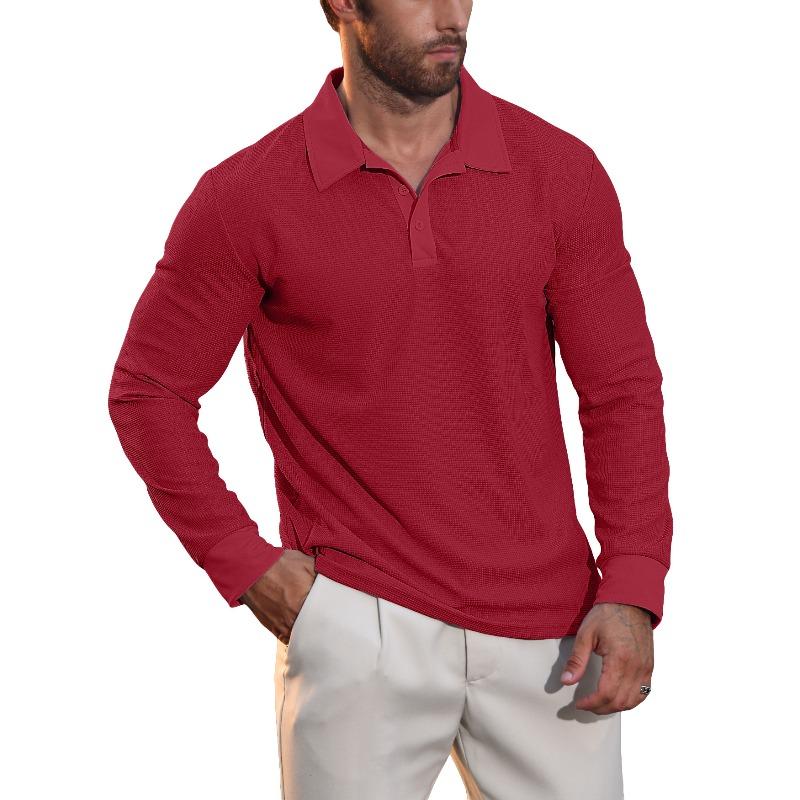 

Men s Waffle Lapel Polo Shirt Casual Vacation Long-sleeved T-shirt XS темно-червоний колір