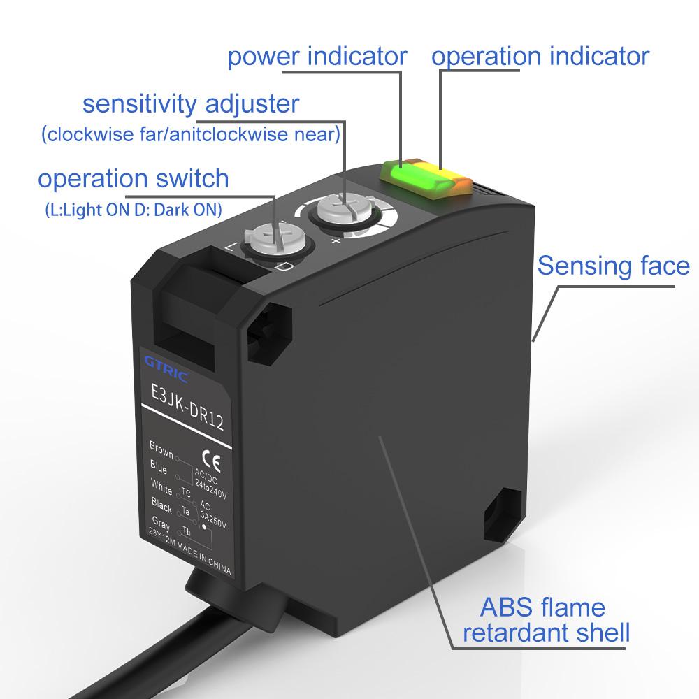 GTRIC Photoelectric Sensor E3JK-RR12 Retro-reflective 24-240V DC/AC Universal Relay Output Square Optical Photoelectric Switch