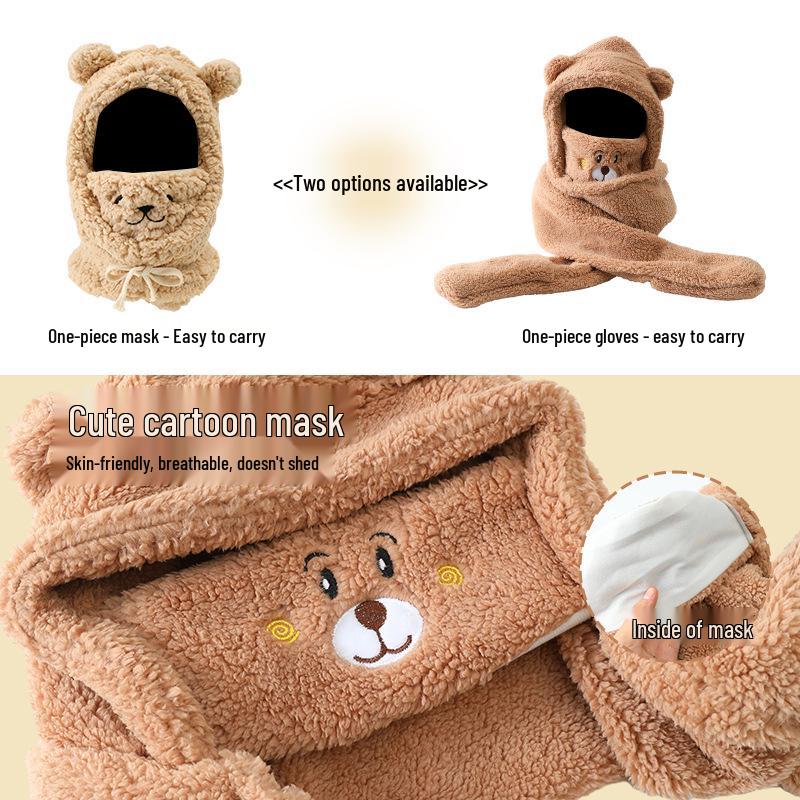 Women's 2024 Winter Little Bear Plush Hooded Scarf Set - Warm Three-Piece Neck Warmer