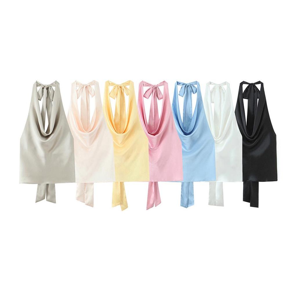 2025 Spring Women's European & American Halter Neck Silk Satin Top - Fashionable & Elegant