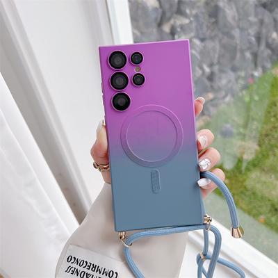 Funda Magsafe con cordón cruzado para Samsung S24 S23 S22 Ultra/iphone 15 14 13 12 11 Pro Max, funda trasera de carga inalámbrica de silicona mate con gradiente