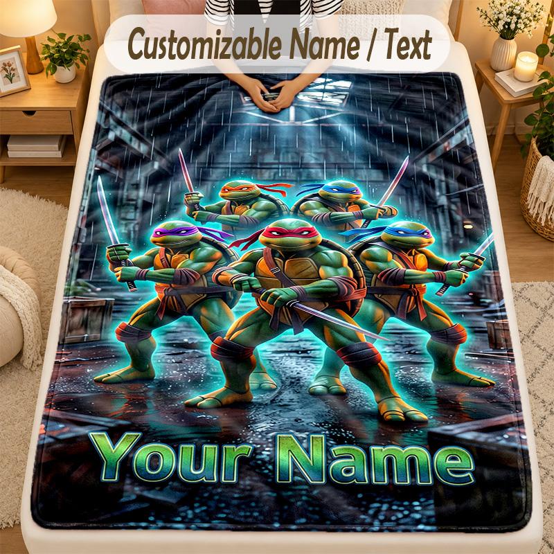 Flannel BlanketTeenage Mutant Ninja Turtles Custom Name Text Personalized Soft Warm Throw Blanket Home Decor Gift