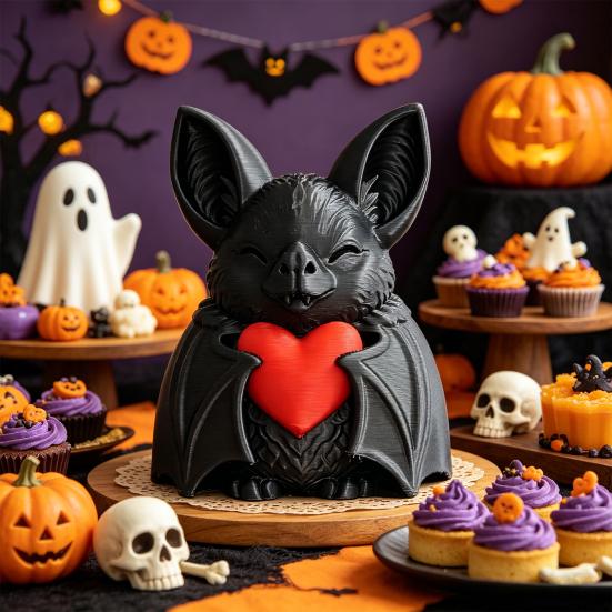 Cute Red Heart Bat 3D Printed Halloween Decoration Novelty Tabletop Sculpture for Spooky Party Haunted House Holiday Decor Fun Gift for Kids & Bat