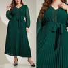 Plus Size Tie-Waist Patchwork Pleated Dress - Elegant Spring/Autumn Long Sleeve Style