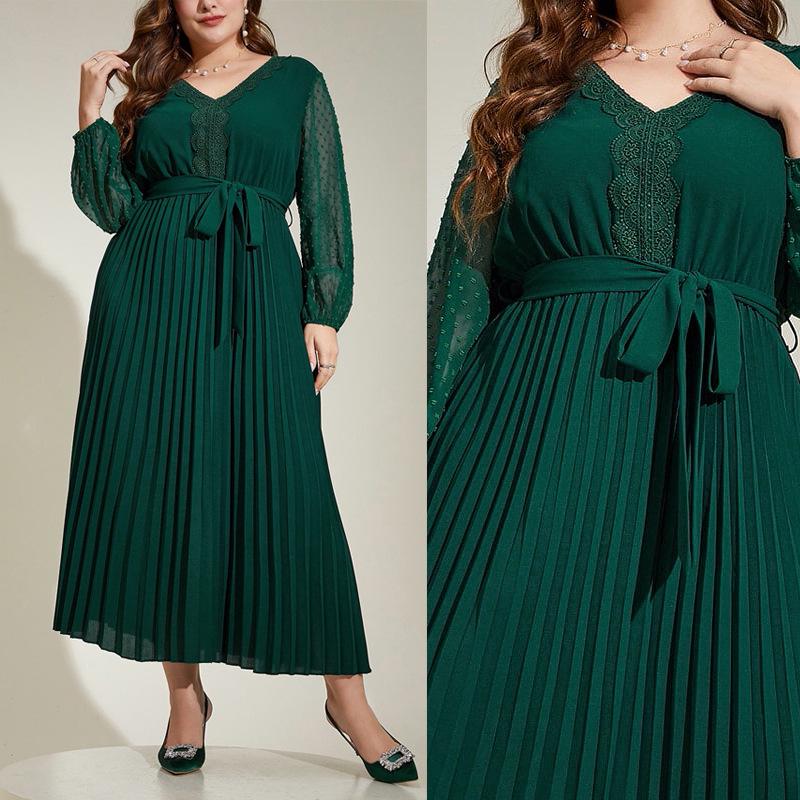 Plus Size Tie-Waist Patchwork Pleated Dress - Elegant Spring/Autumn Long Sleeve Style