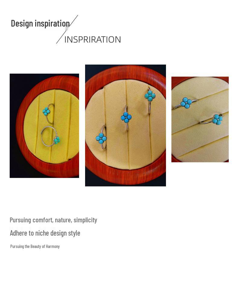 S925 Silver Natural Hubei Turquoise Four-Leaf Clover Ring for Women - Adjustable and High Porcelain Finish