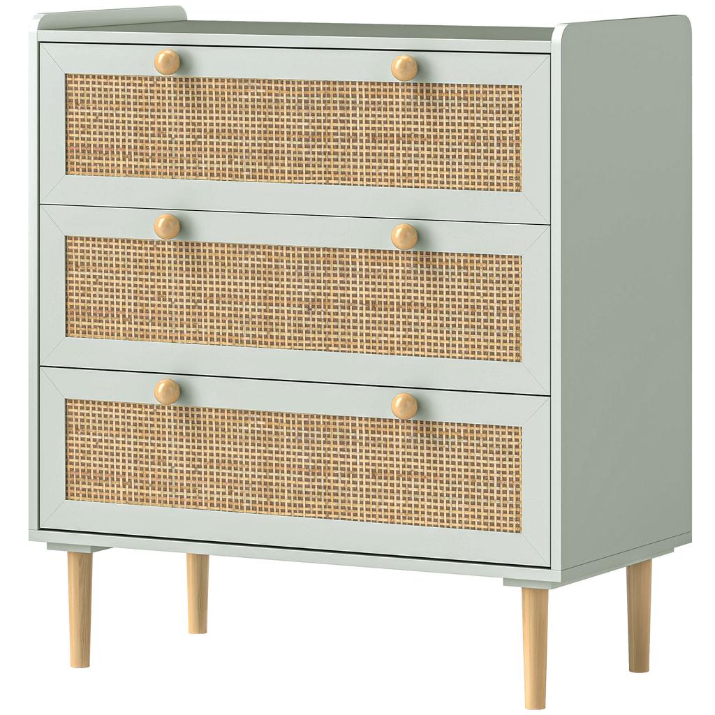 Bedroom Dresser with 3 Drawers, Rattan Fronts, Clothes Dresser for Hallway, Entryway, MDF, Green