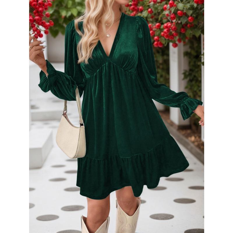 Women Elegant Velvet V Neck Long Sleeve High Waist A Line Short Dress