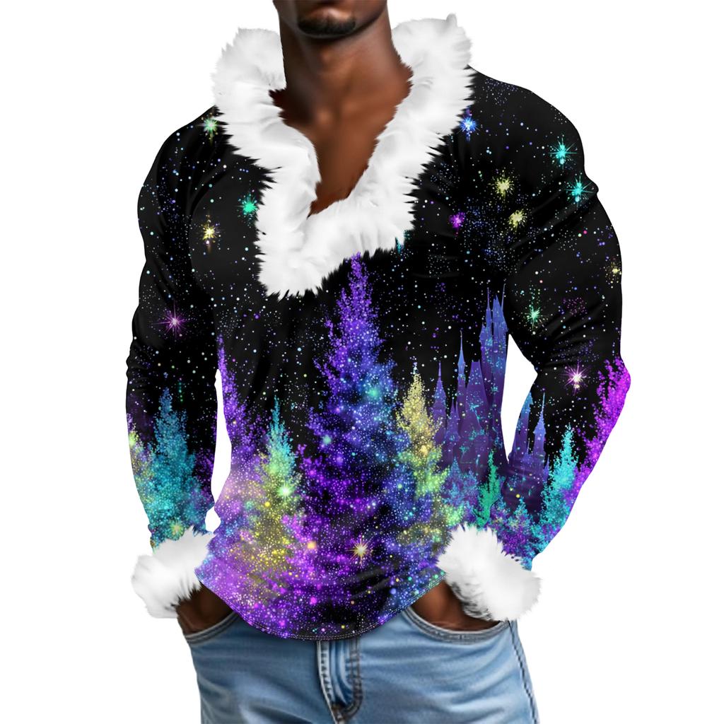 Herren Lässiges Weihnachten Bedrucktes Plüsch V-Ausschnitt und Fleece Langarm-Sweatshirt