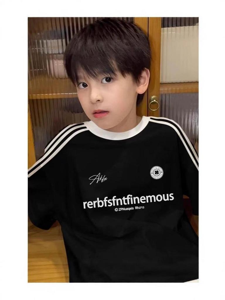 Stylish Boys' Letter Print Cotton T-Shirt, New Summer Style with Three Stripes.