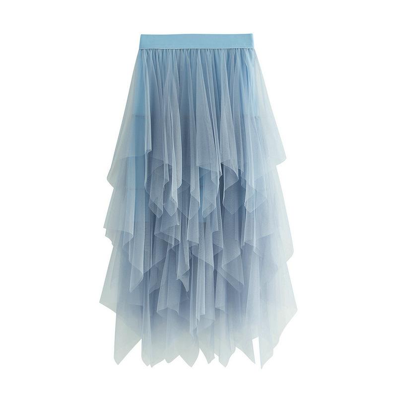 Damen Frühling Asymmetrischer Mesh Midi Rock - Hohe Taille Transparente Einsätze Schlankmachender Rock mit Fließendem Lagen-Design