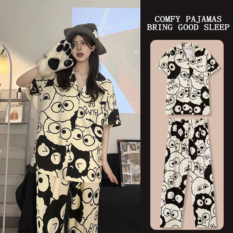 Japanese Kitty Cat Pajamas Women's Summer Thin Short-sleeved Trousers Loose Plus Size Girl Raw Loungewear Set