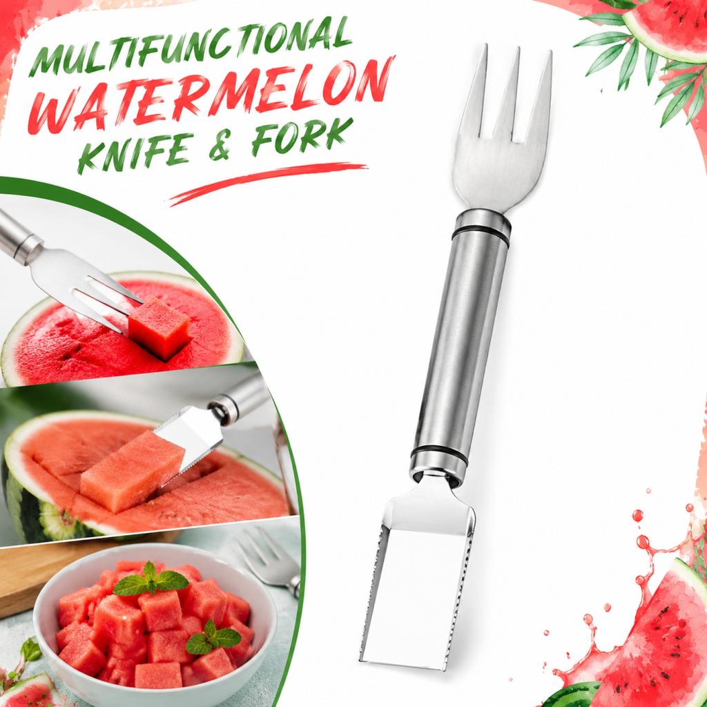 Multifunctional Kitchen Tool 2 in 1 Watermelon Cutter and Fork Stainless Steel Fruit Slicer and Server for Easy Fruit Preparation and Serving