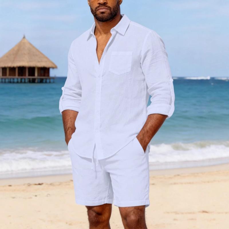 Mens Casual Solid Color Linen Button Down Shirt And Shorts Set