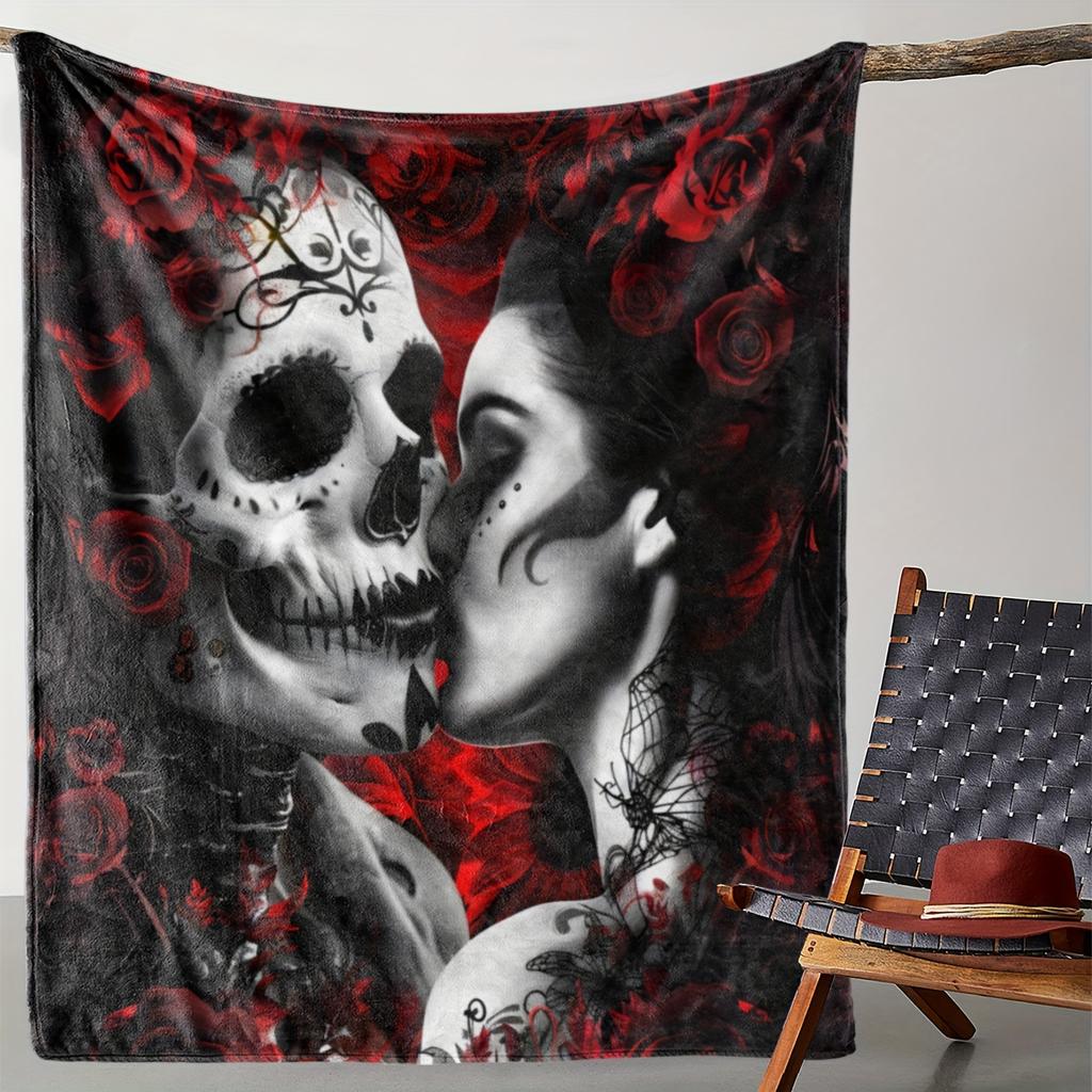 Gothic Skull Rose Flannel Blanket, Vintage Halloween Print Throw, Soft Warm All-Season for Home Decor, Unique Gothic Gift Idea