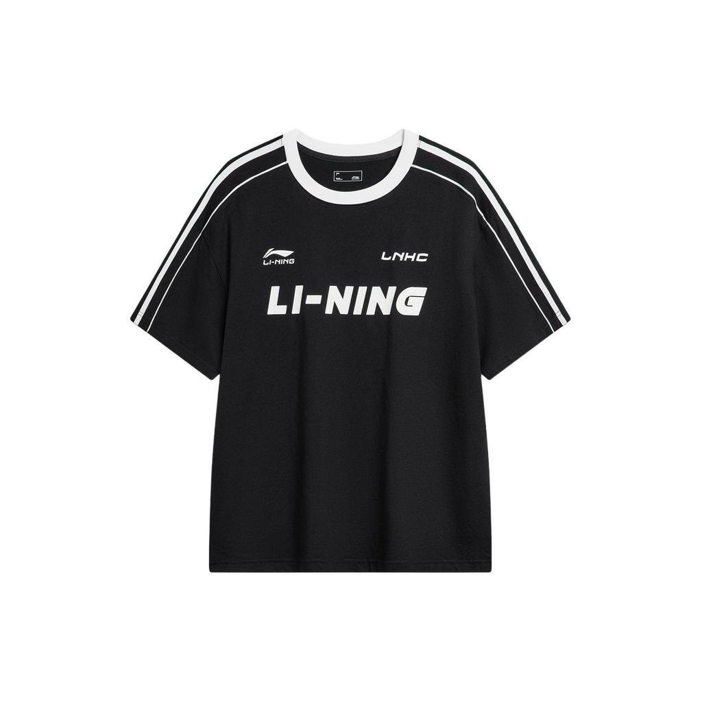 Li-Ning American Retro Letter Logo Stripe Print Round Neck Loose Comfortable Casual Short Sleeve Drop Shoulder T-Shirt Unisex Tops Black AHSU657-2