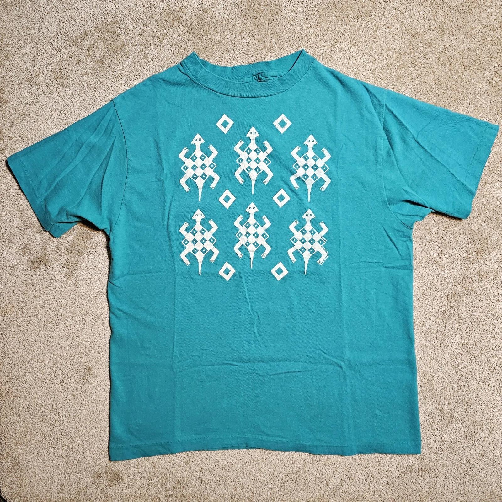 

Vintage 80s Aqua Single Stitch Aztec Lizard T-shirt Mens M Core Grunge 90s Faded 4XL