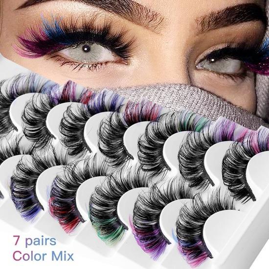 7 Pairs of Colored Hair-fried False Eyelashes with Multi-layer Thick Cross Mink Fur Lashes Mink Individual Lashes Extension Eyelashes Extension Kit