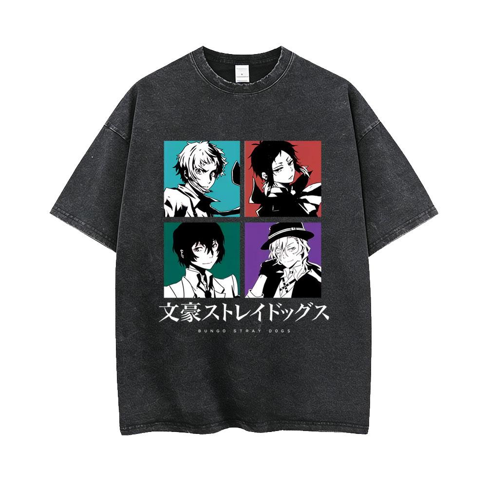 Anime Bungo Stray Dogs Nakajima Atsushi Ryunosuke Akutagawa Nakahara Chuuya Washed Vintage T-shirt Men Women Manga Retro T Shirt