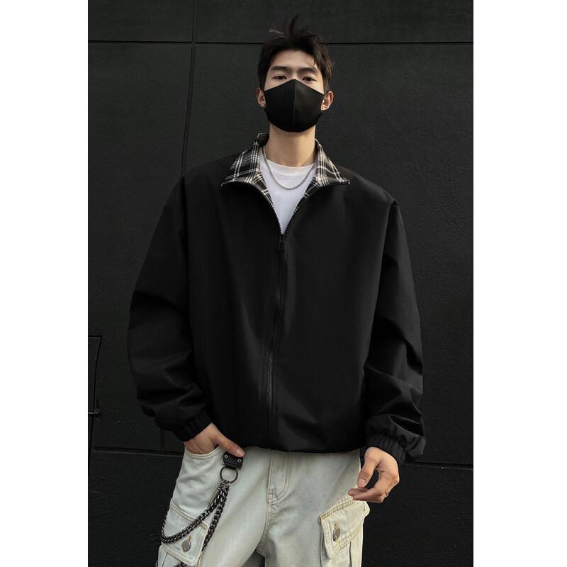 Men's Fall/Winter Plaid Patchwork Stand Collar Jacket - Trendy American High Street Style, Cool & Loose Lapel Coat