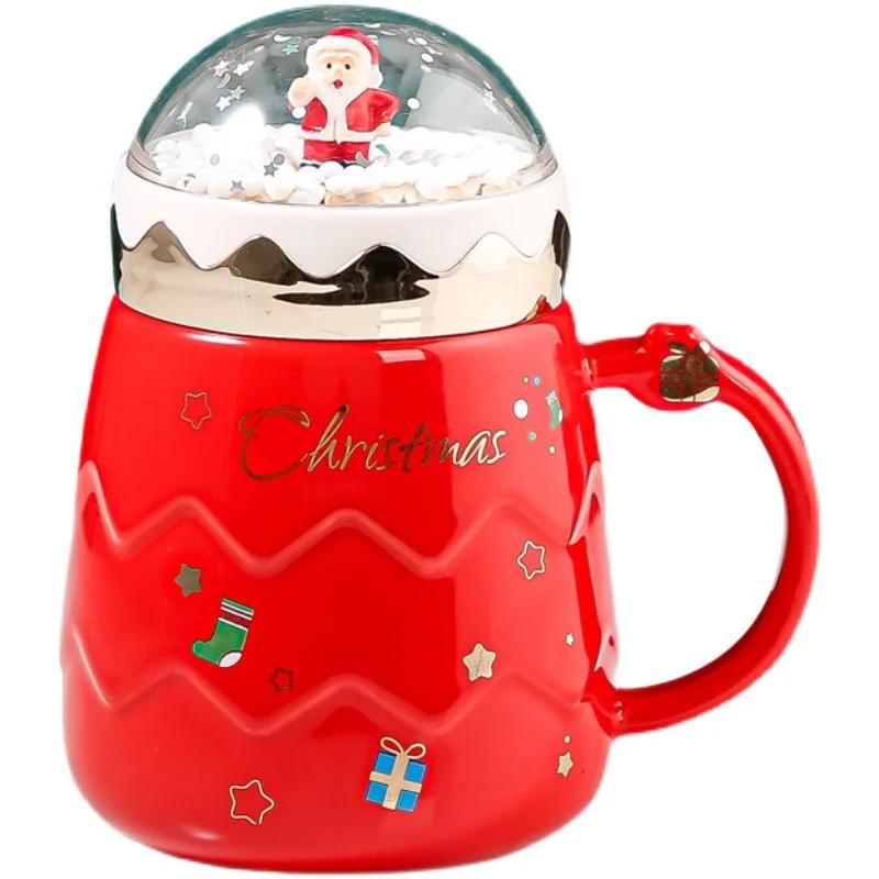 Cute Santa Claus Ceramic Cup Creative Snowball Landscape Cover Cartoon Mug Water Cup