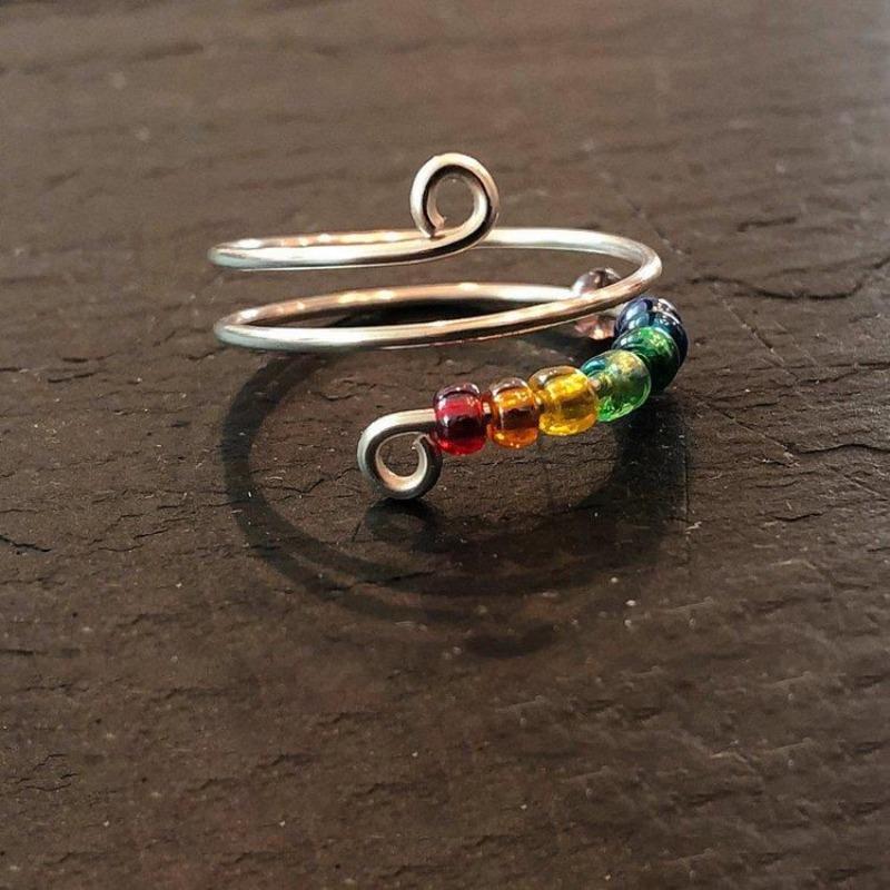 Cute Bohemian Rainbow Beads Relieve Anxiety Ring Rotate Anti Stress Fidget Spinner Rings For Women Men Fashion Jewelry Girl Gift