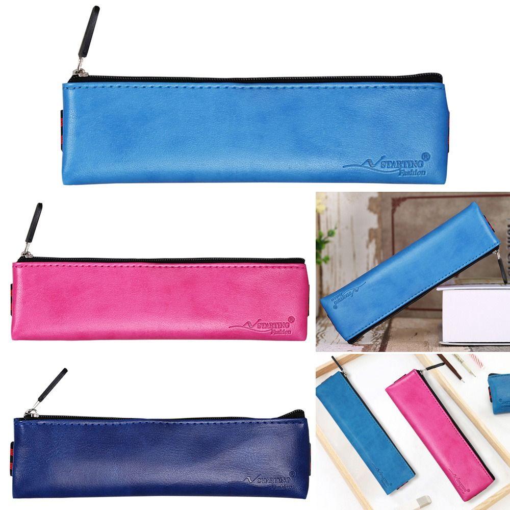 

Creative Elastic Strap Zipper PU Leather Pen Box Storage Bag Pencil Case Stationery Bag