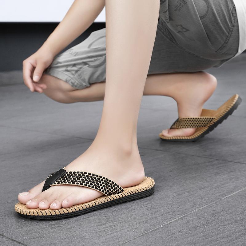 Cheap Summer Linen Slipper Men Indoor Home Shoes Lightweight Weaving Flip flops Men Bedroom Shoes Silent Casual Flip-flops Man