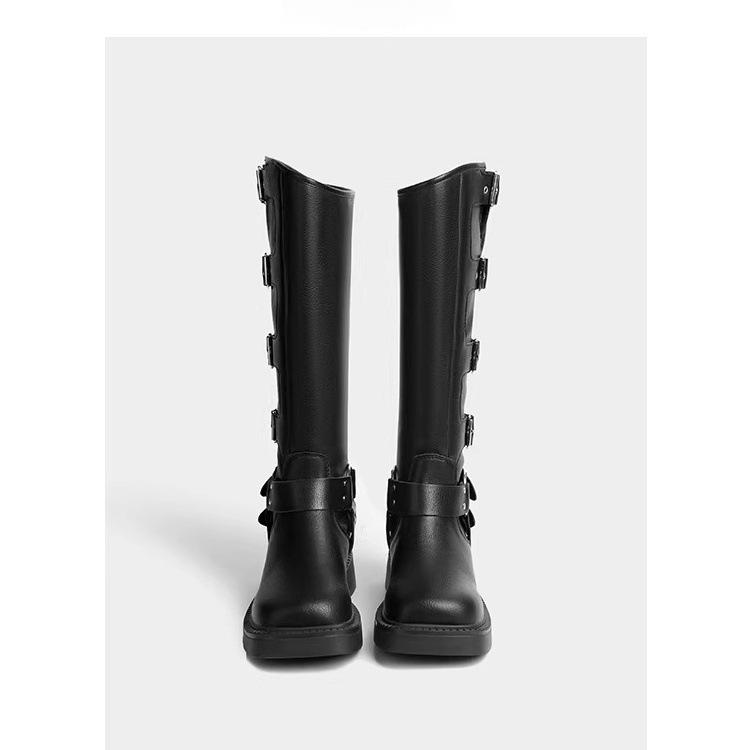 Leather retro but knee boots women's autumn 2025 new leather buckle western cowboy boots metal knight boots