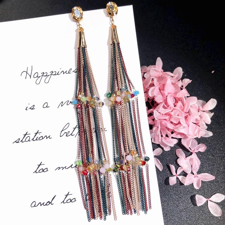 Luxury Retro Handmade Crystal Earrings Femininity Versatile Long Fringed Bride Earrings High-end Ear Jewelry