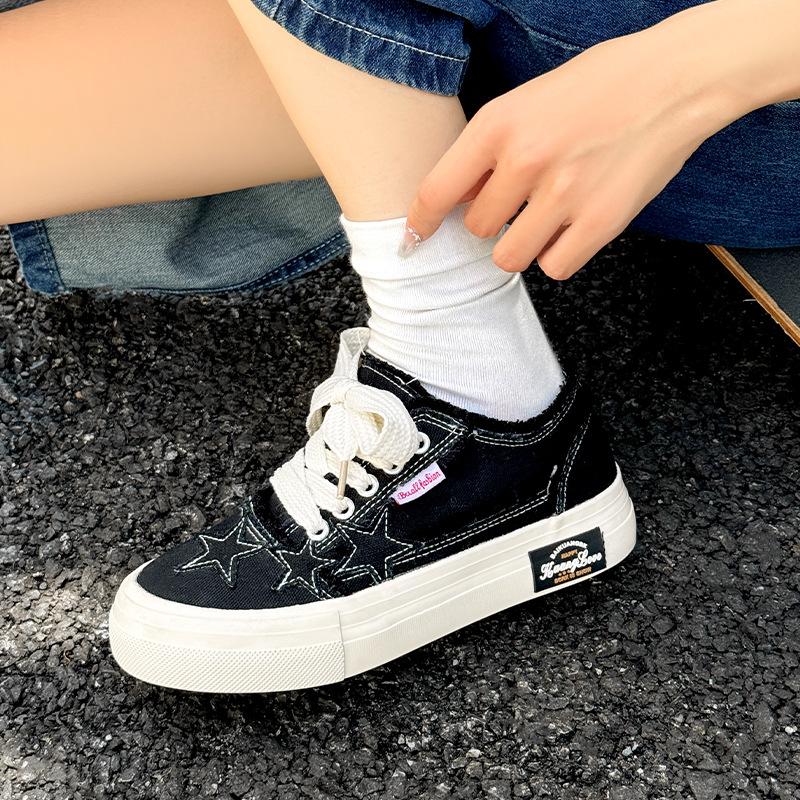 

Canvas shoes women s summer new breathable black shoes versatile with skirt little white shoes thick baseplate shoes 40