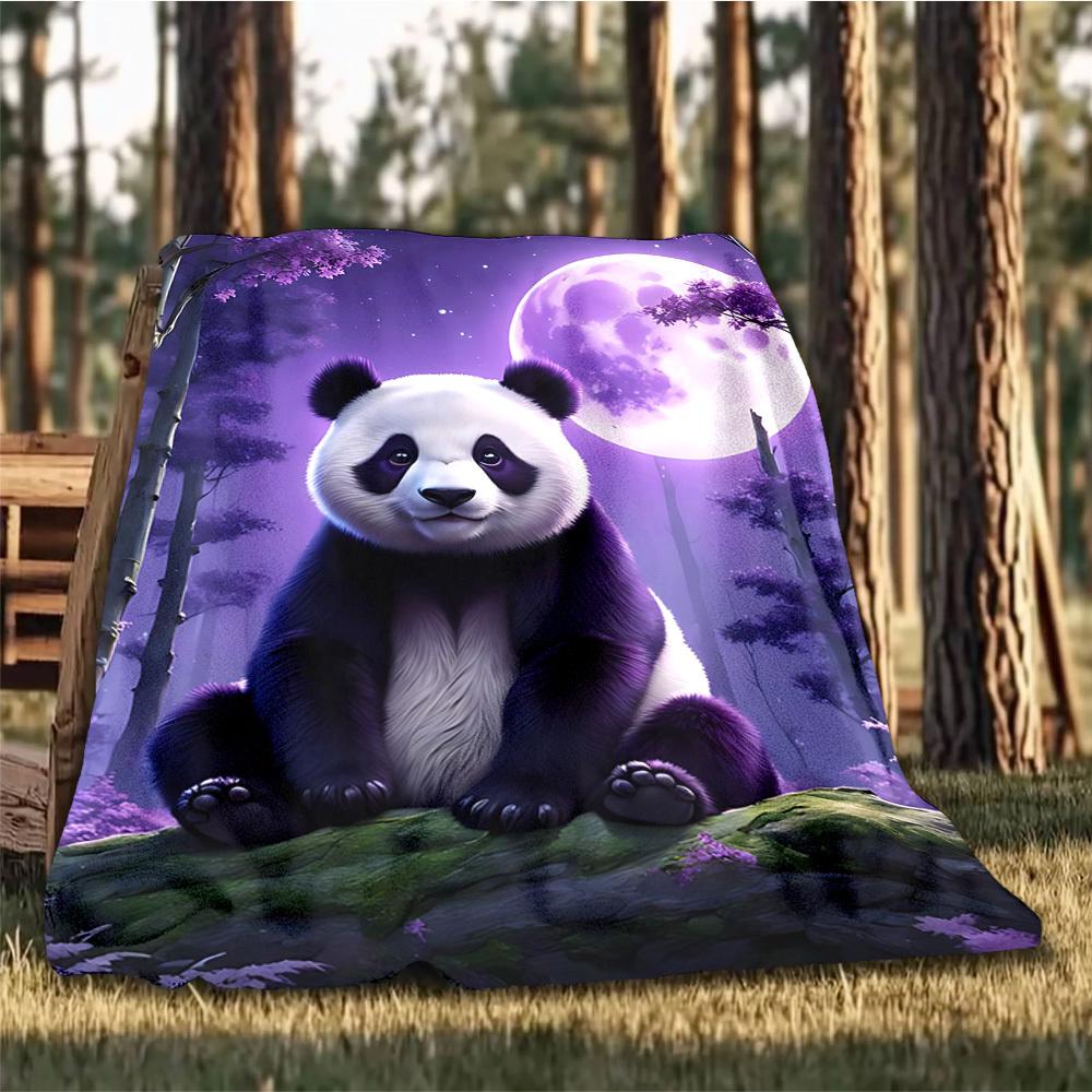 1pc Panda Moon Night Throw Blanket Polyester Fiber, Lightweight Flannel, Soft & Warm, All Season Use for Outdoor, Camping Digital Print