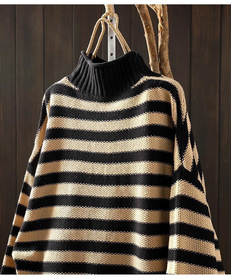 Women's Retro Striped Color Block Half High Neck Sweater - Loose & Casual Knitwear for Autumn/Winter 2026.