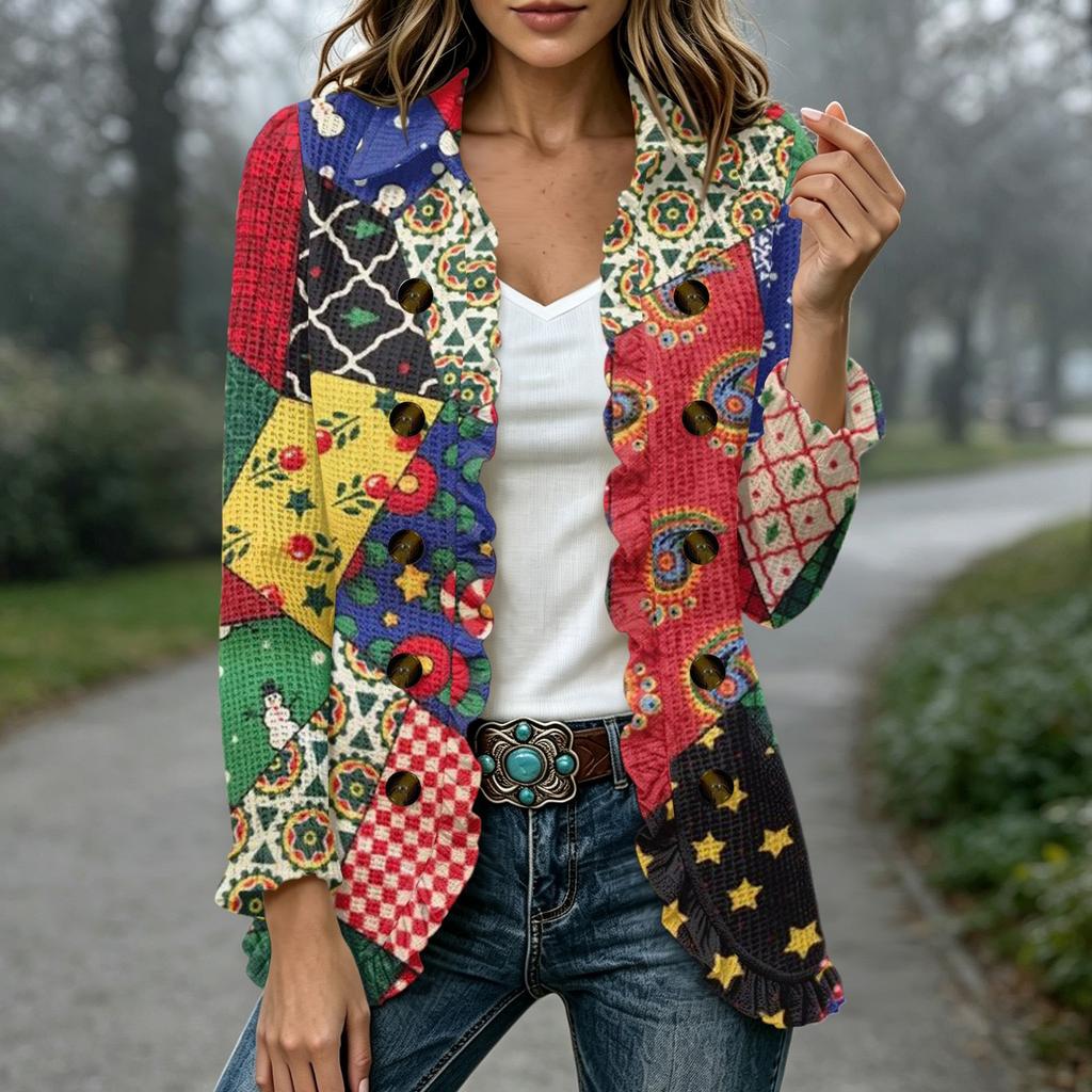 Women's Fashion Plaid Print Long Sleeve Ruffled Open Front Jacket