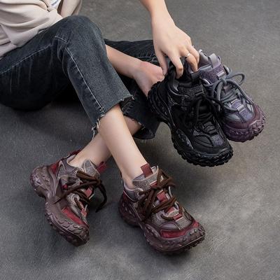 Retro Genuine Leather Vulcanize Shoes Fashion Versatile Thick Sole Platform Sneakers Women's Shoes