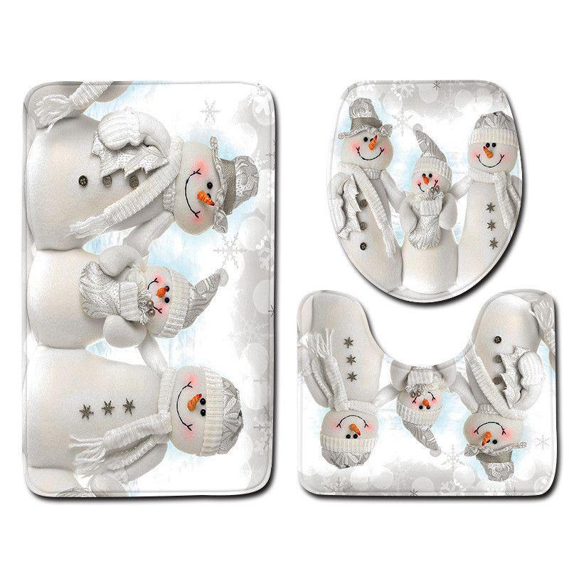 4pcs Shower Christmas Curtain Toilet Cushion Set Cover Mat Pad Rug Xmas Bathroom