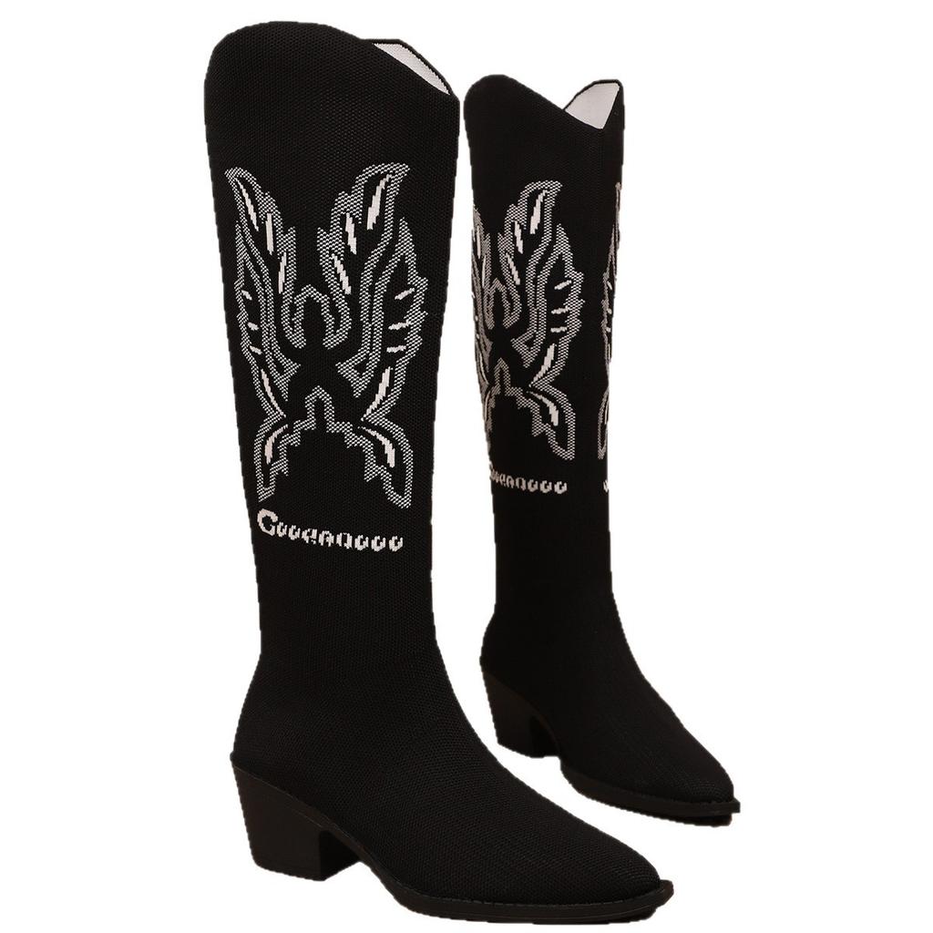 Large Size 2025 Autumn and Winter European and American Tall Tube Color Matching Pointed Knitted Thick Heel Western Cowboy Boots 2025