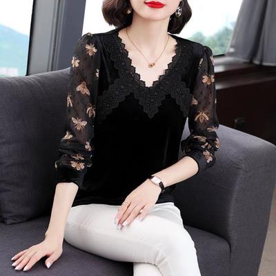 Elegant V-Neck Lace Patchwork Shirt Female Clothing Stylish Printed Spring Autumn Long Sleeve Commute Loose Casual Velvet Blouse
