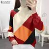 ZANZEA Women Autumn Turtleneck Long Sleeve Contrast Color Knitted Sweaters